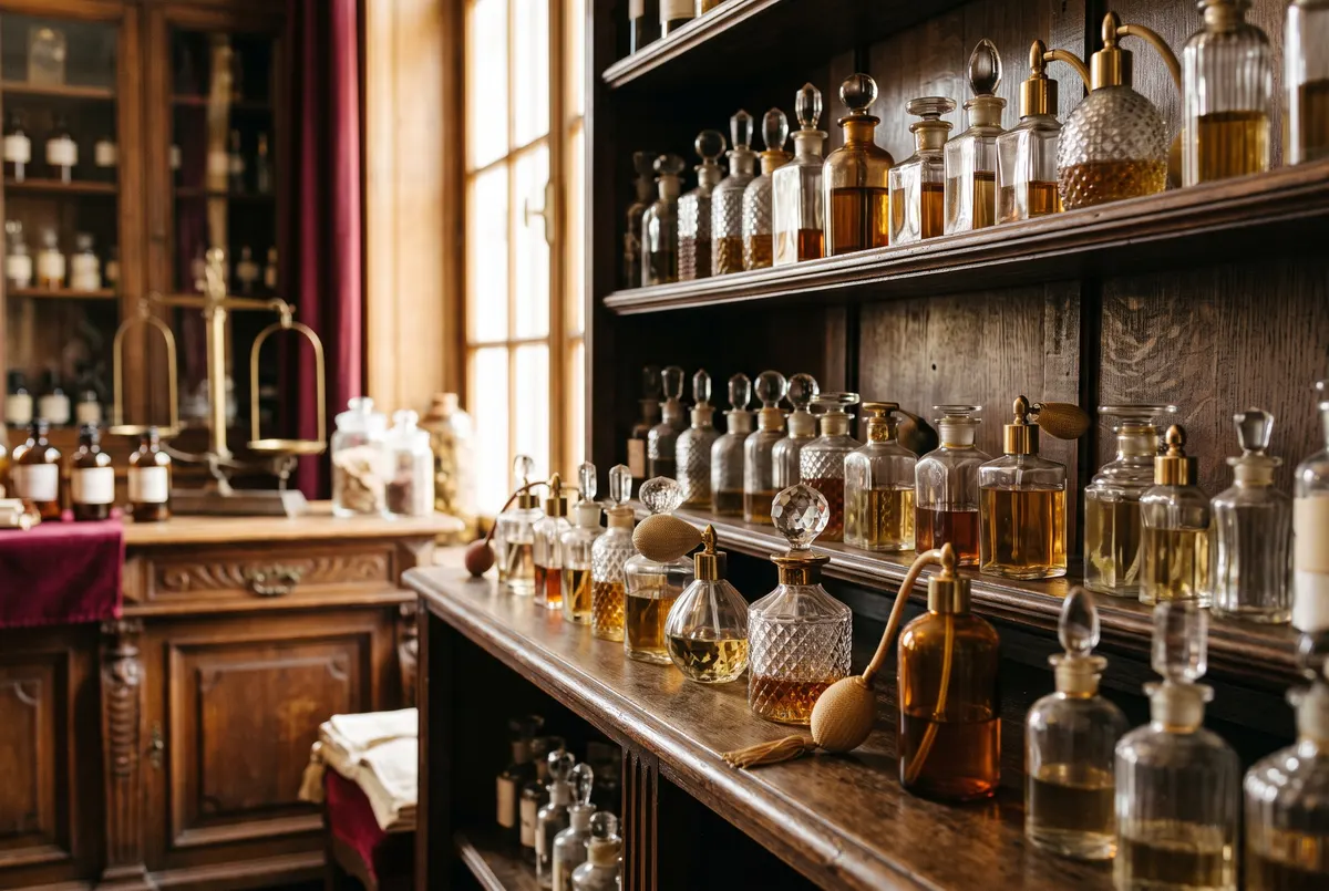 Classic fragrance bottles on wooden shelves