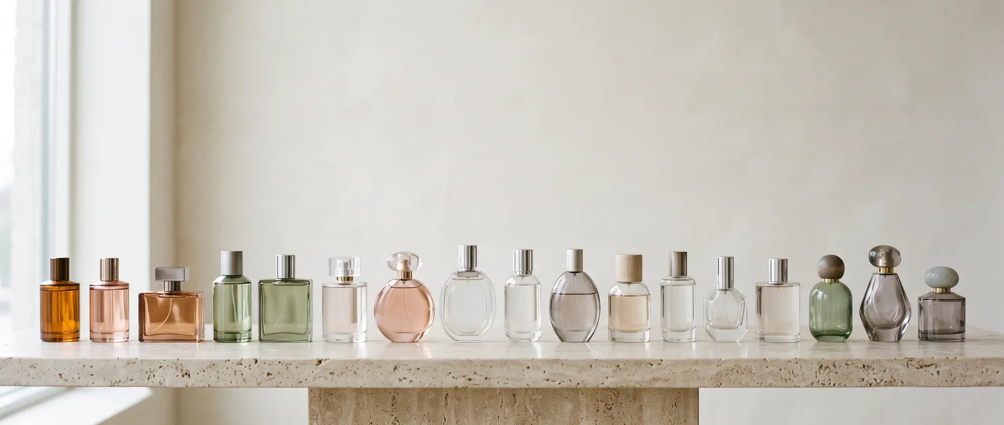 A row of fragrance bottles on a stone ledge