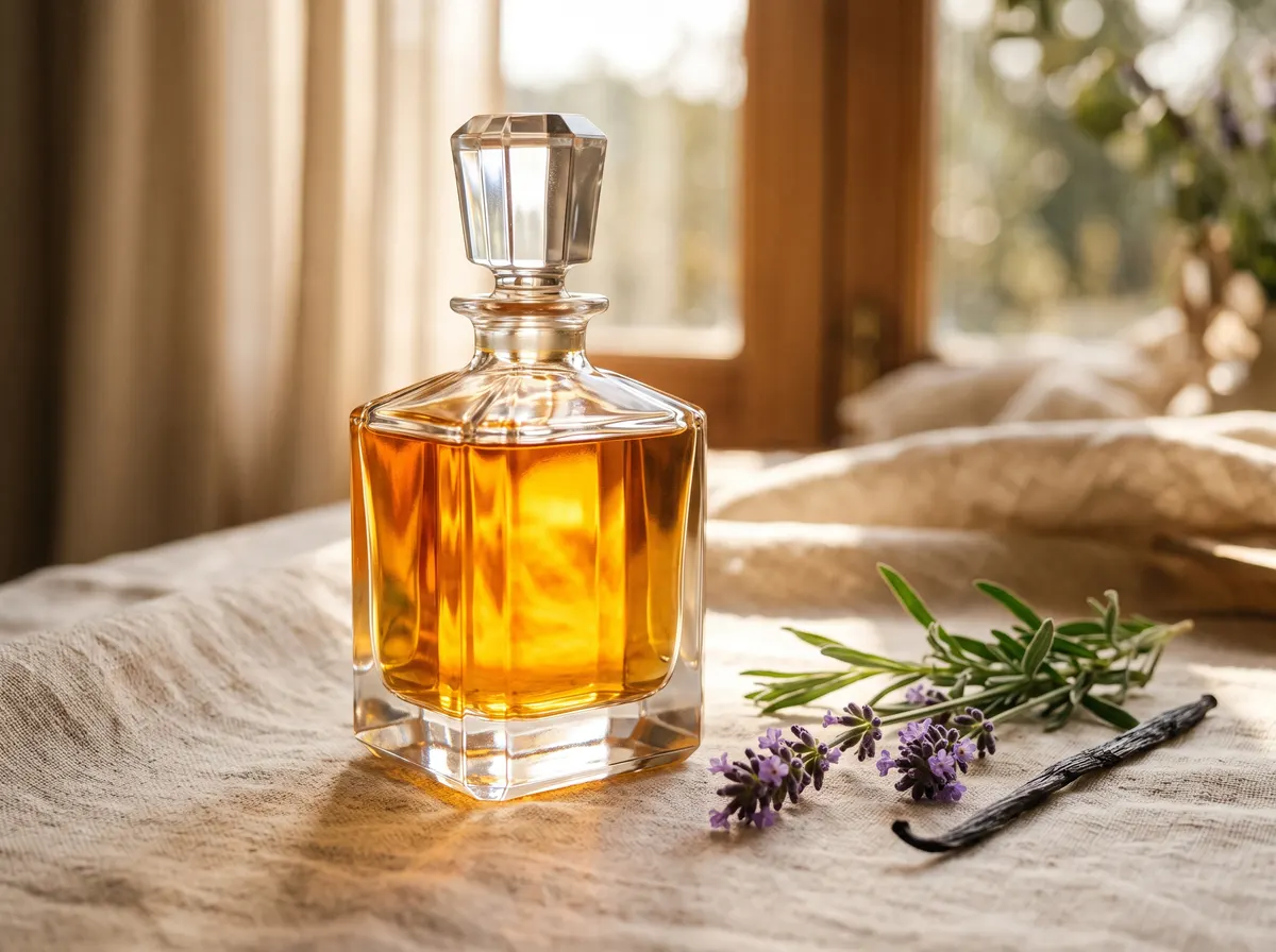 Amber perfume glowing in sunlight