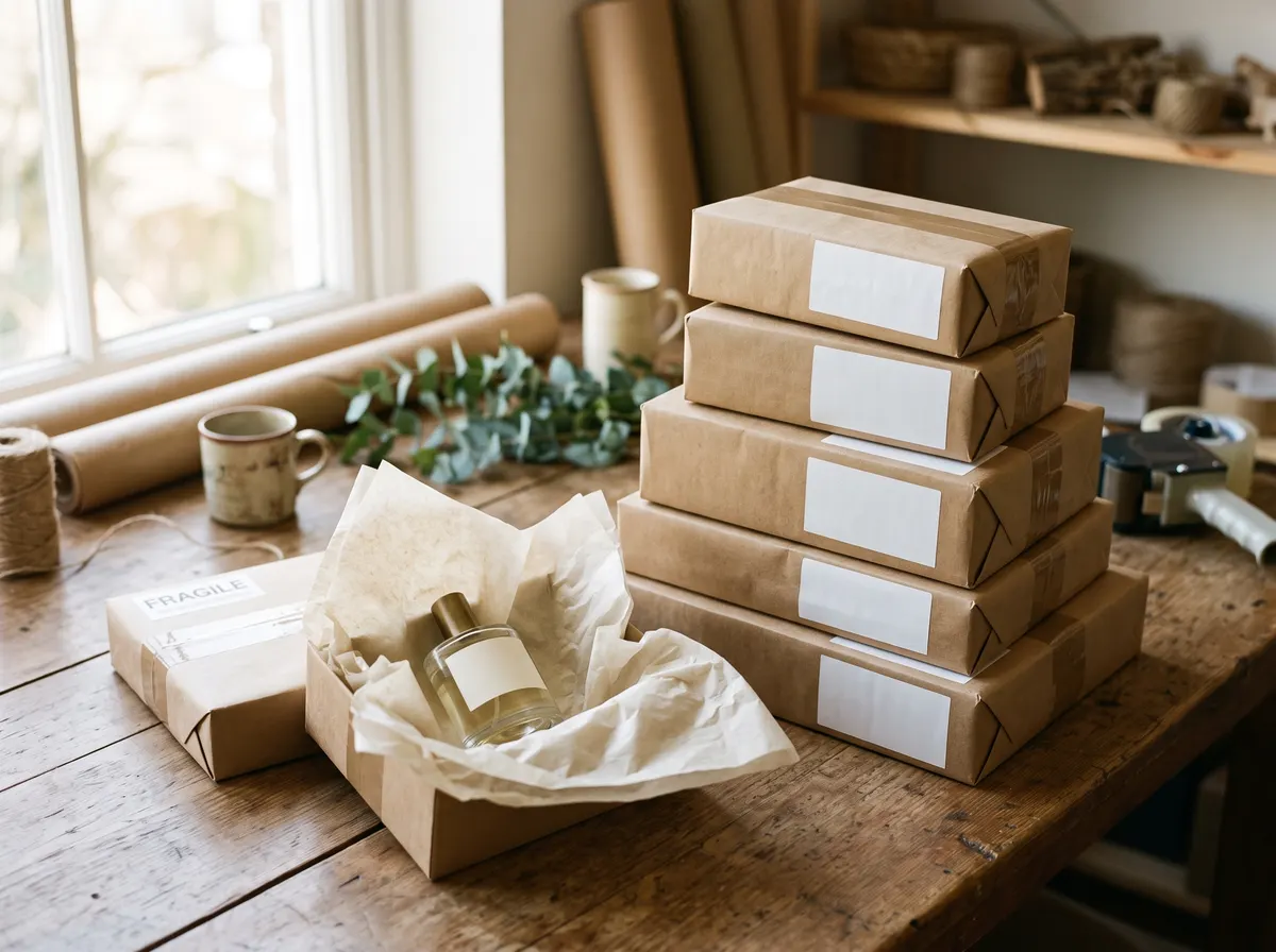 Packed parcels ready to ship, one open with a perfume bottle