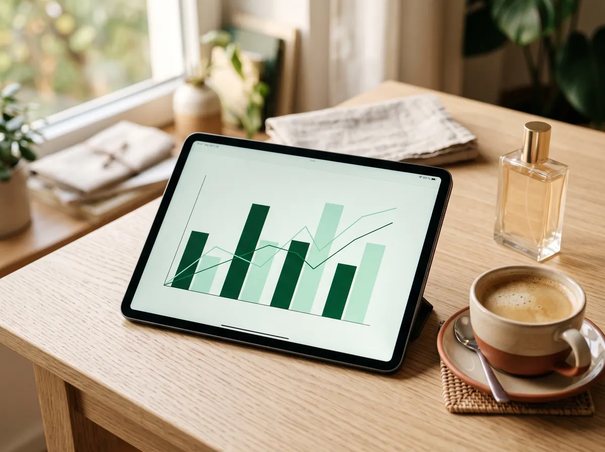 Tablet showing sales charts next to a perfume bottle