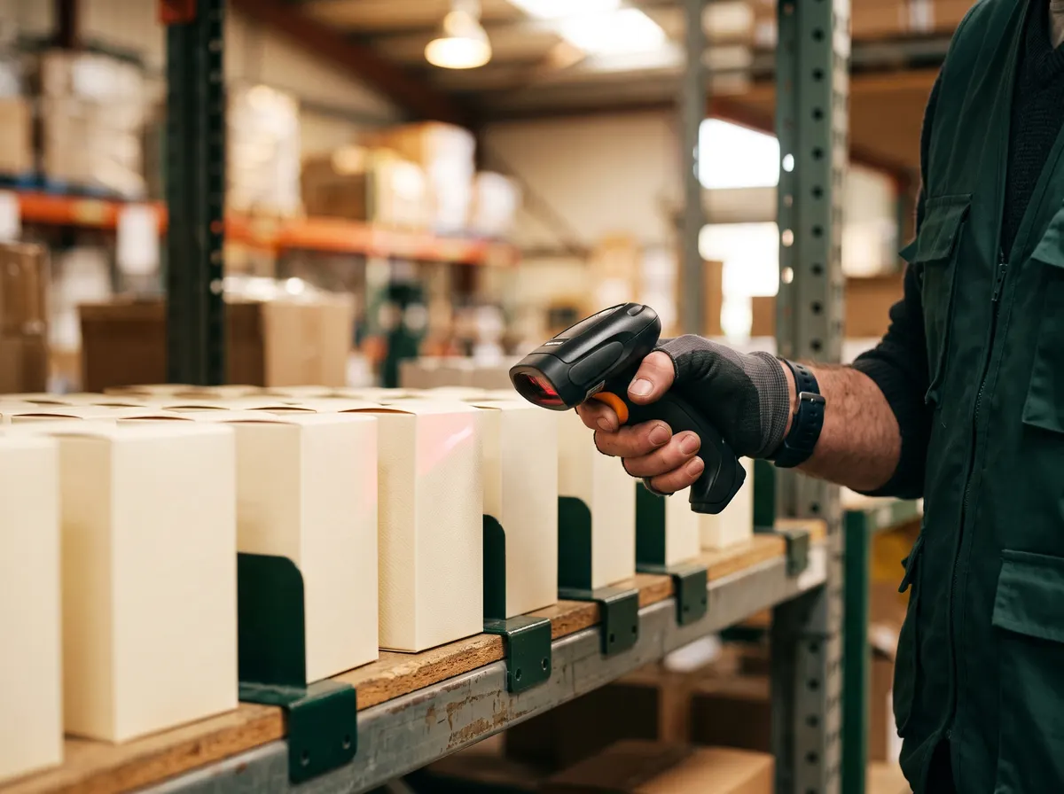 Scanning fragrance boxes on a warehouse shelf