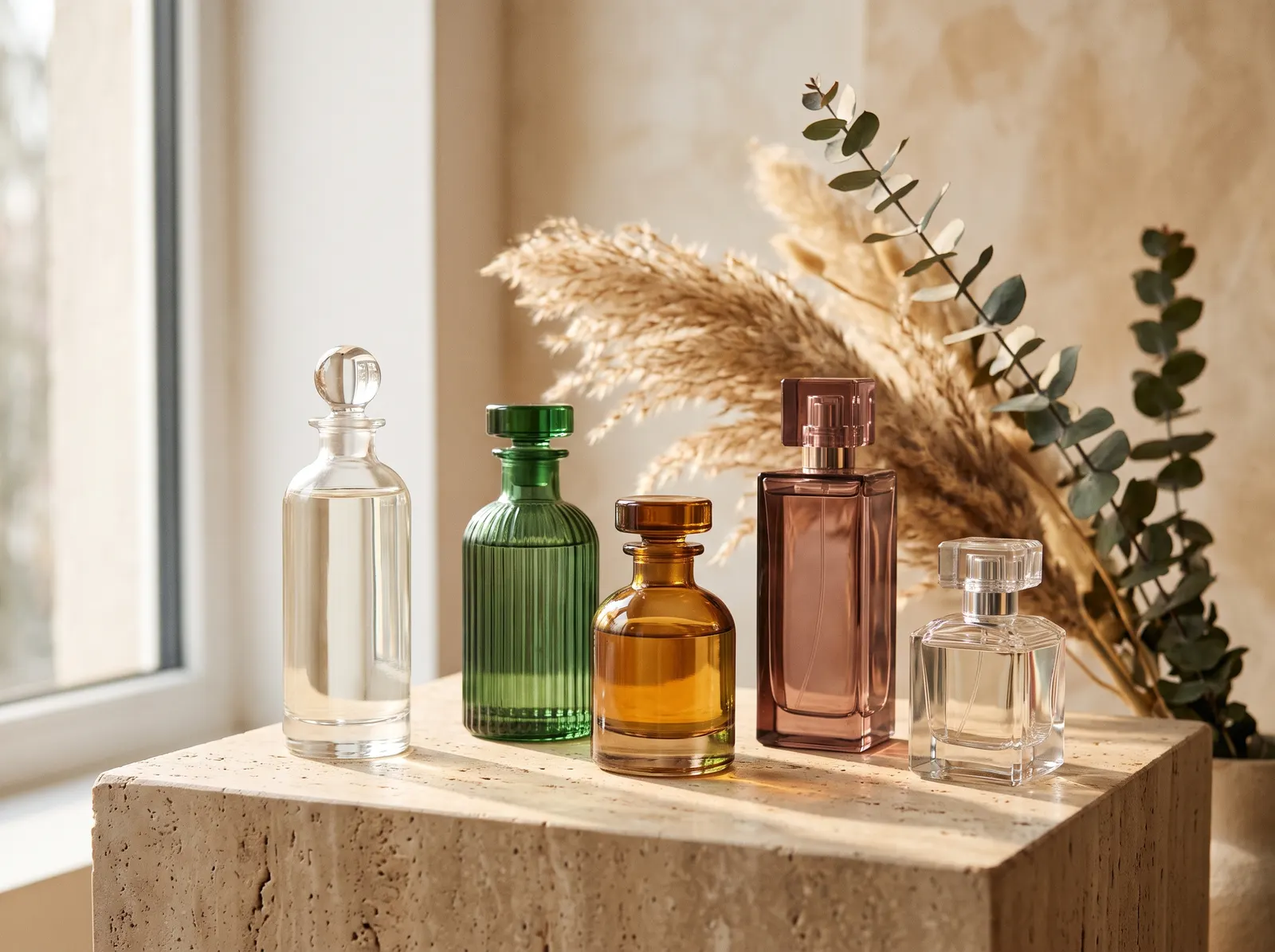 Fragrance bottles on a stone plinth