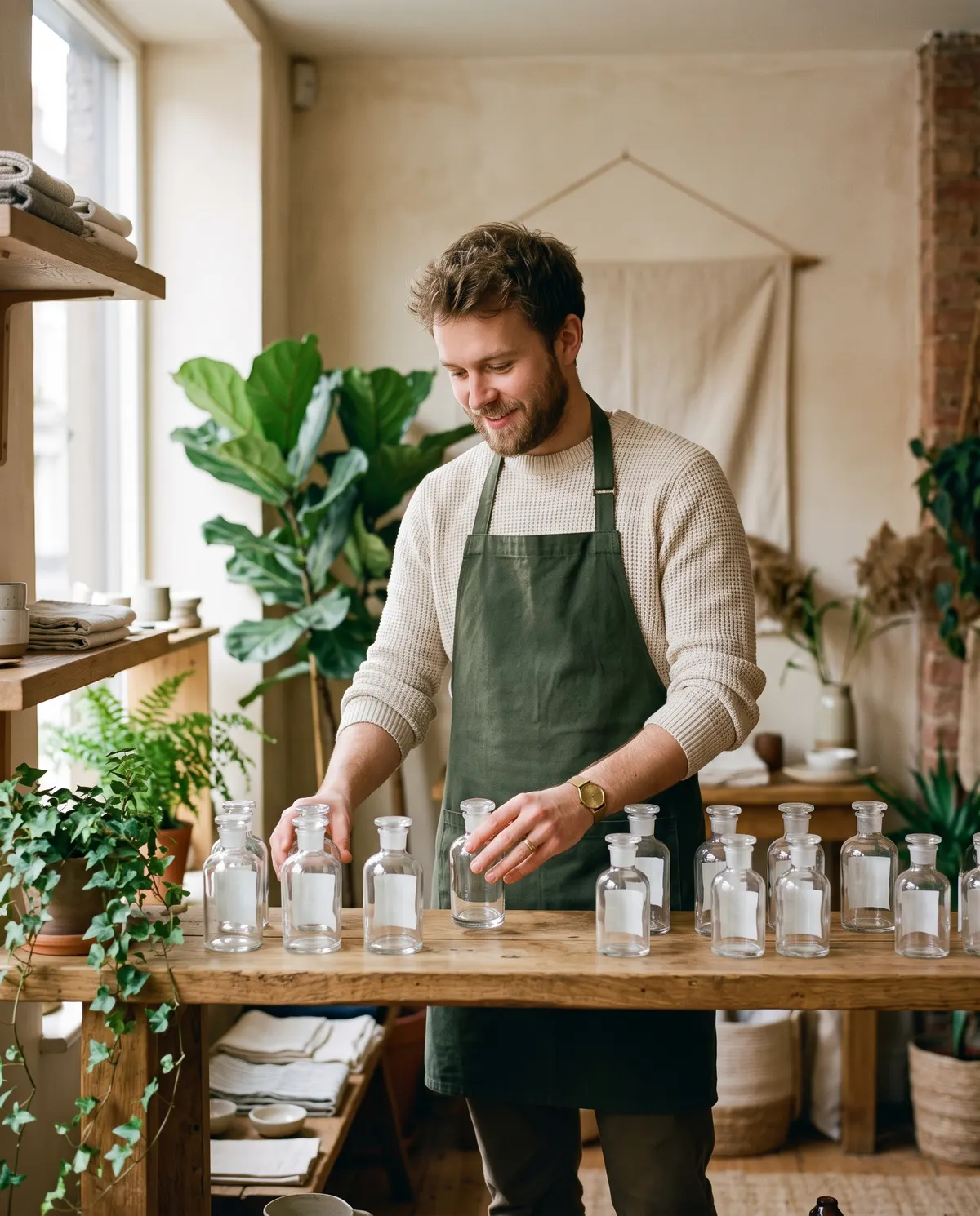 Boutique owner arranging fragrance bottles on a shelf
