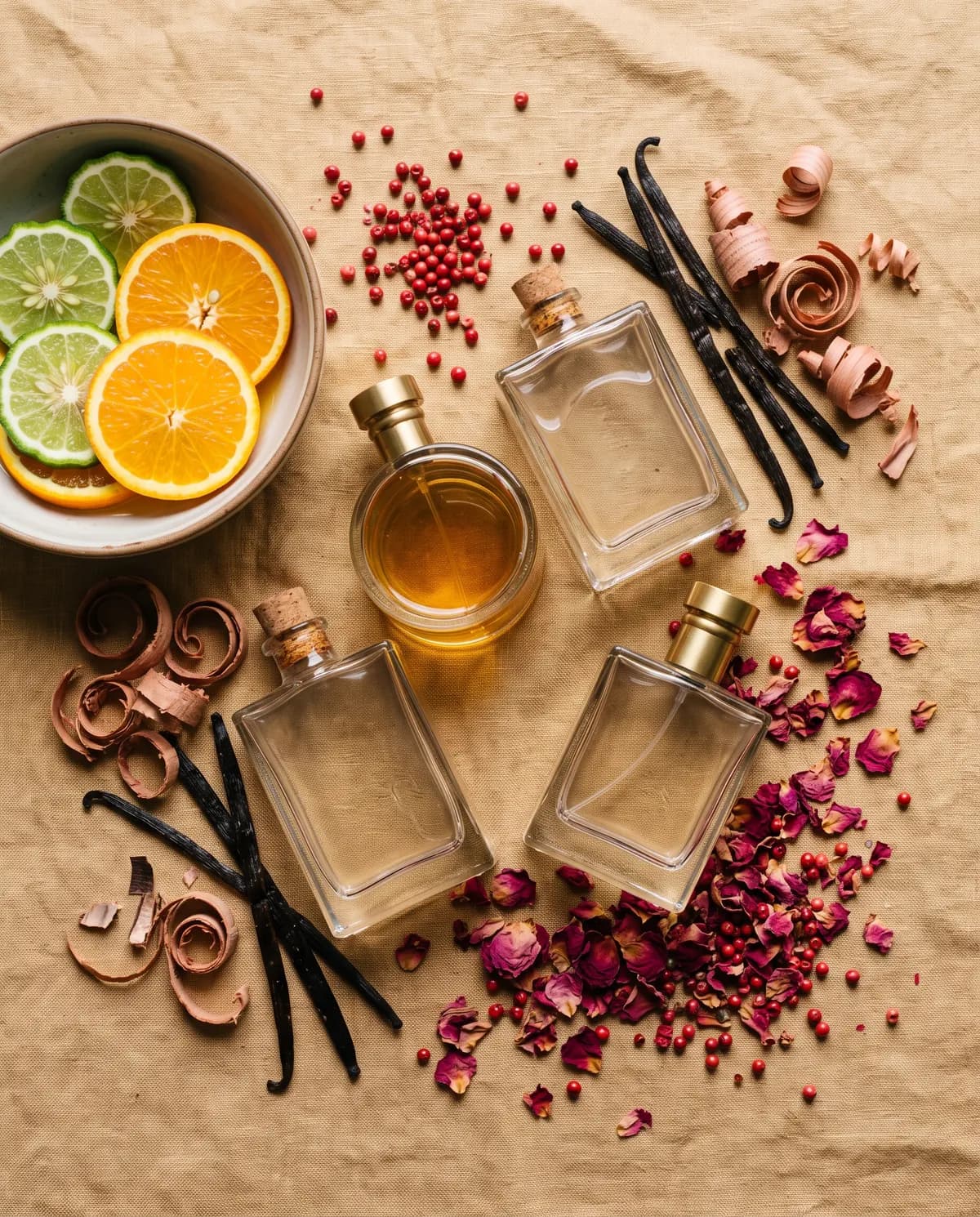 Perfume bottles surrounded by citrus, vanilla, cedar and rose