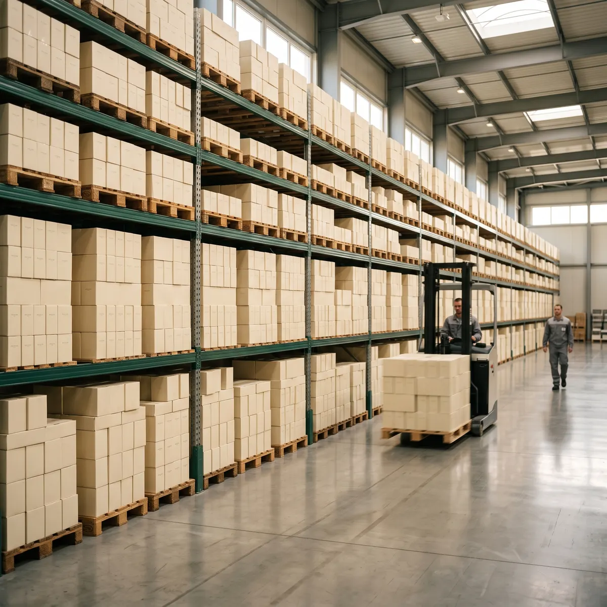 Warehouse shelves stocked with fragrance boxes