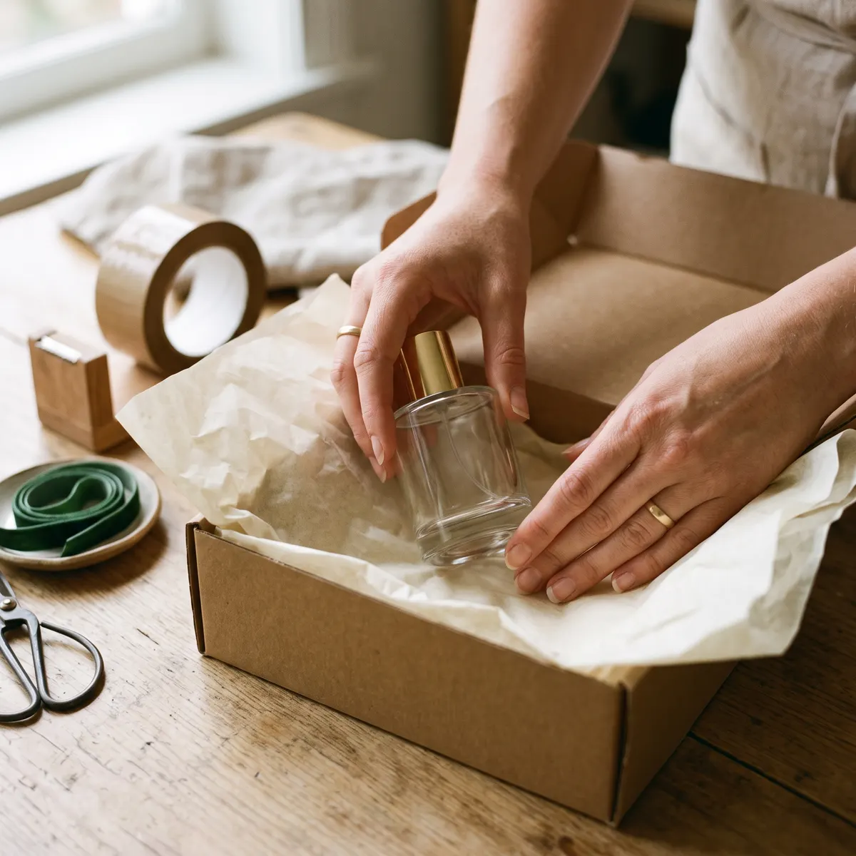 Hands packing a perfume bottle in tissue paper
