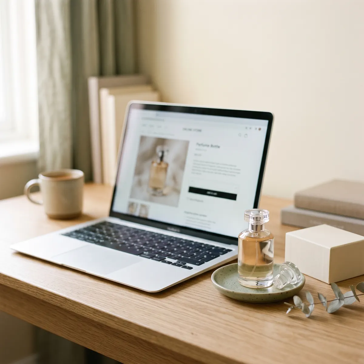 Laptop showing a fragrance product page beside a perfume bottle