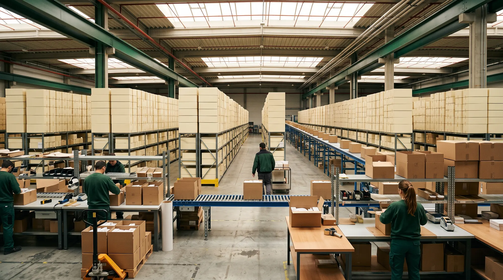 Fulfillment center with rows of fragrance boxes and packing stations